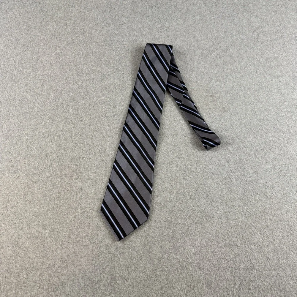 Claiborne Gray Black Blue Repp Striped Men's Neck Tie Classic 58x3.75